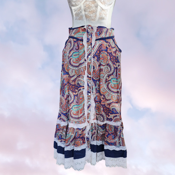 Vtg Handmade Ruffle Paisley Colorful Frill Whimsi Pocket Lace Button Up Skirt - Picture 2 of 8